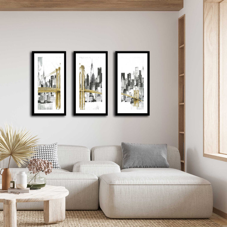 ALU-0696_3ALU New York Skyline I Yellow Bridge Framed On Metal 3 Pieces by  Avery Tillmon Painting